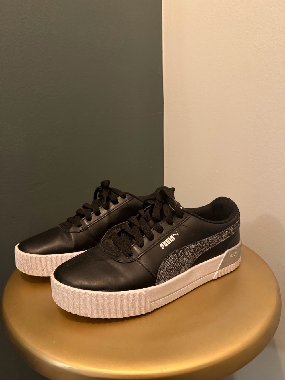 Puma Black Sneakers with White Platform and Gray Snake-Print Stripe